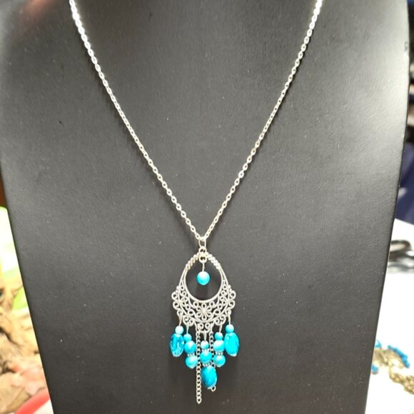 Tuxiaobu Turquoise Pendent Silver Tone Necklace Bohemia - Picture 2 of 3